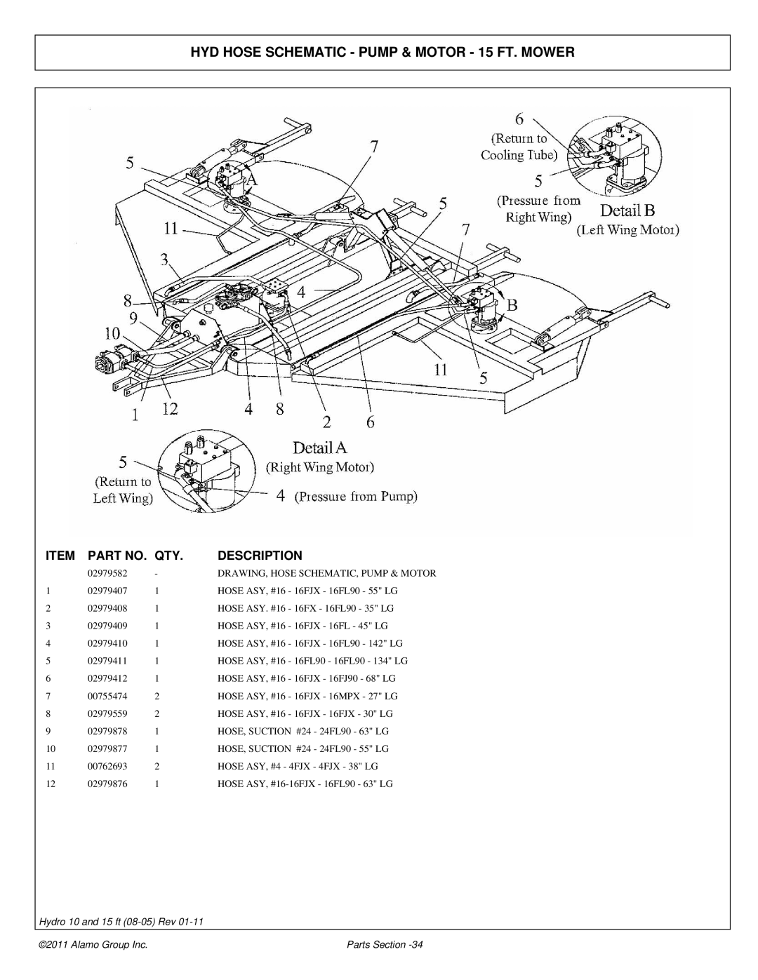 Alamo 00756179P manual HYD Hose Schematic Pump & Motor 15 FT. Mower 