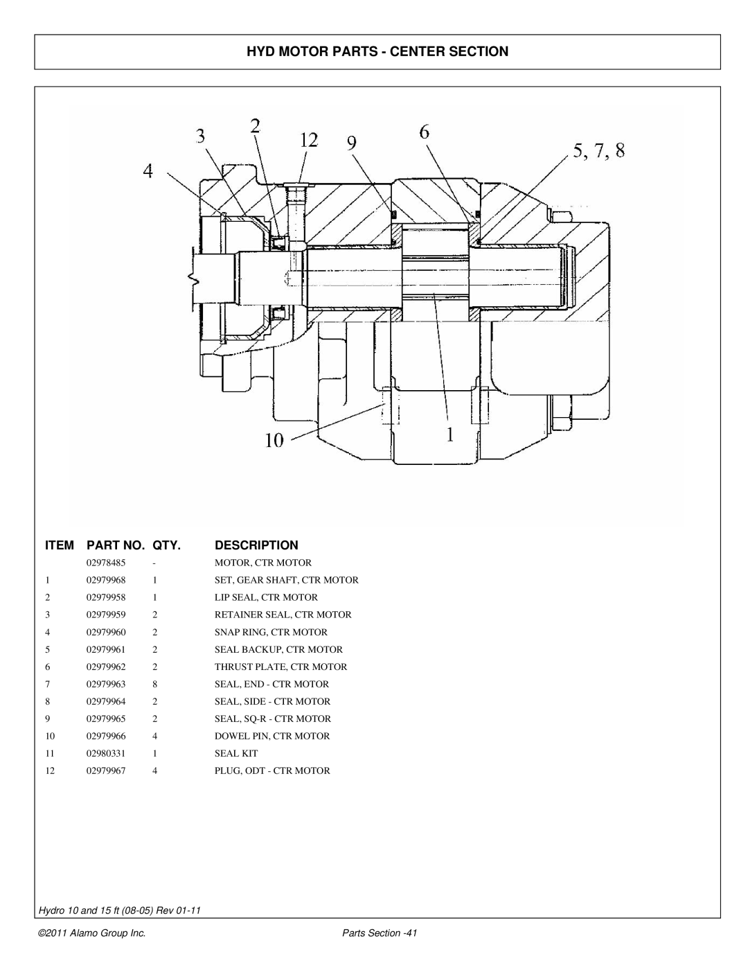 Alamo 00756179P manual HYD Motor Parts Center Section 