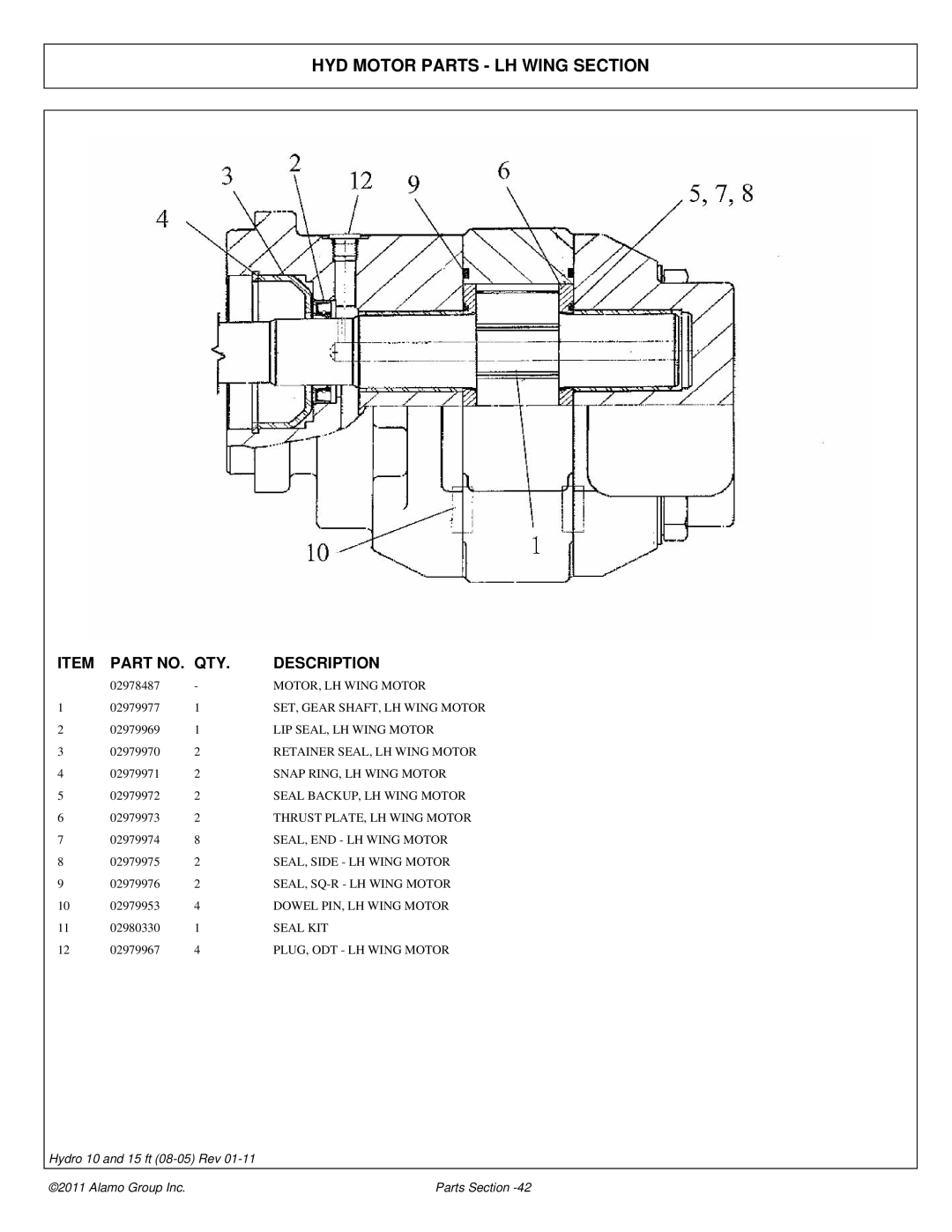 Alamo 00756179P manual HYD Motor Parts LH Wing Section 