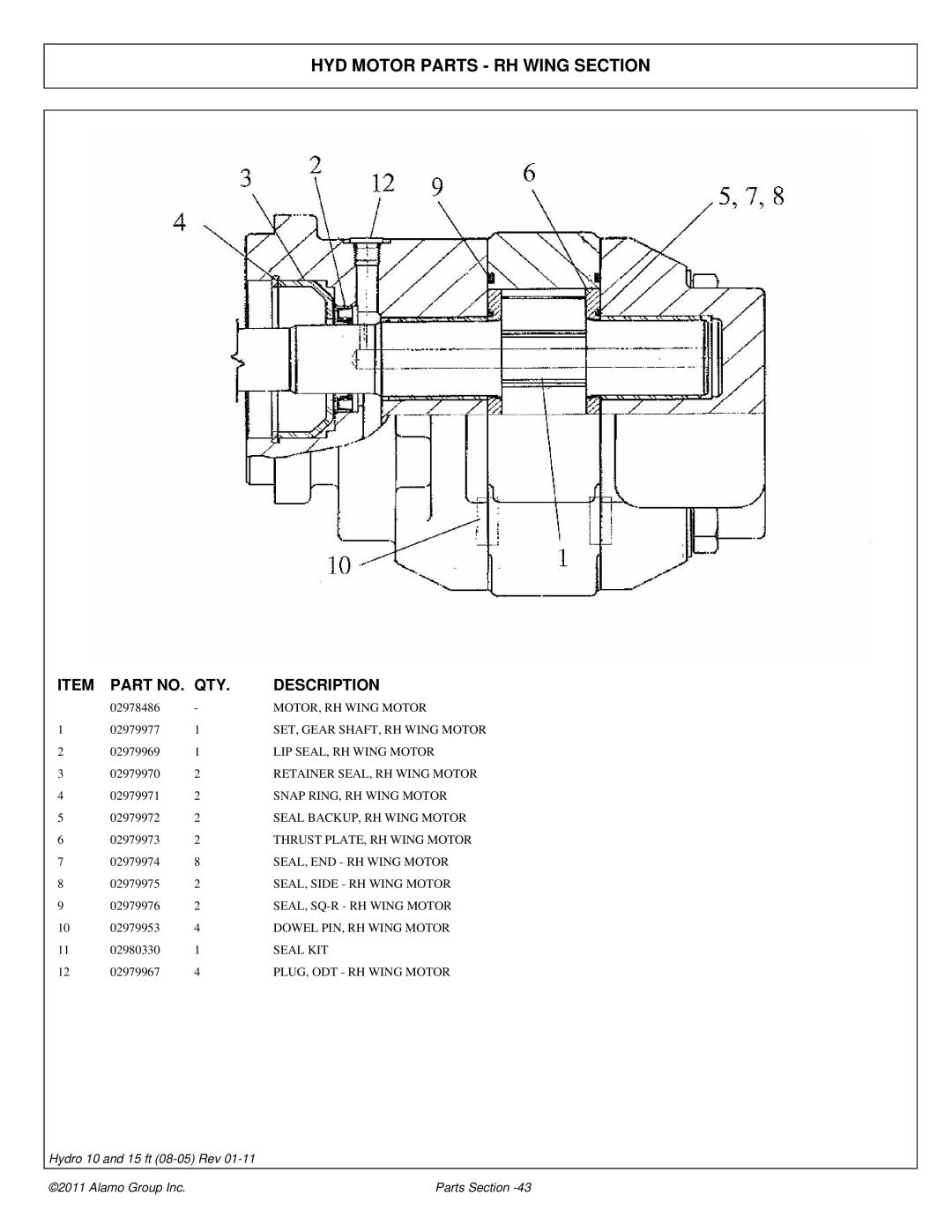 Alamo 00756179P manual HYD Motor Parts RH Wing Section 