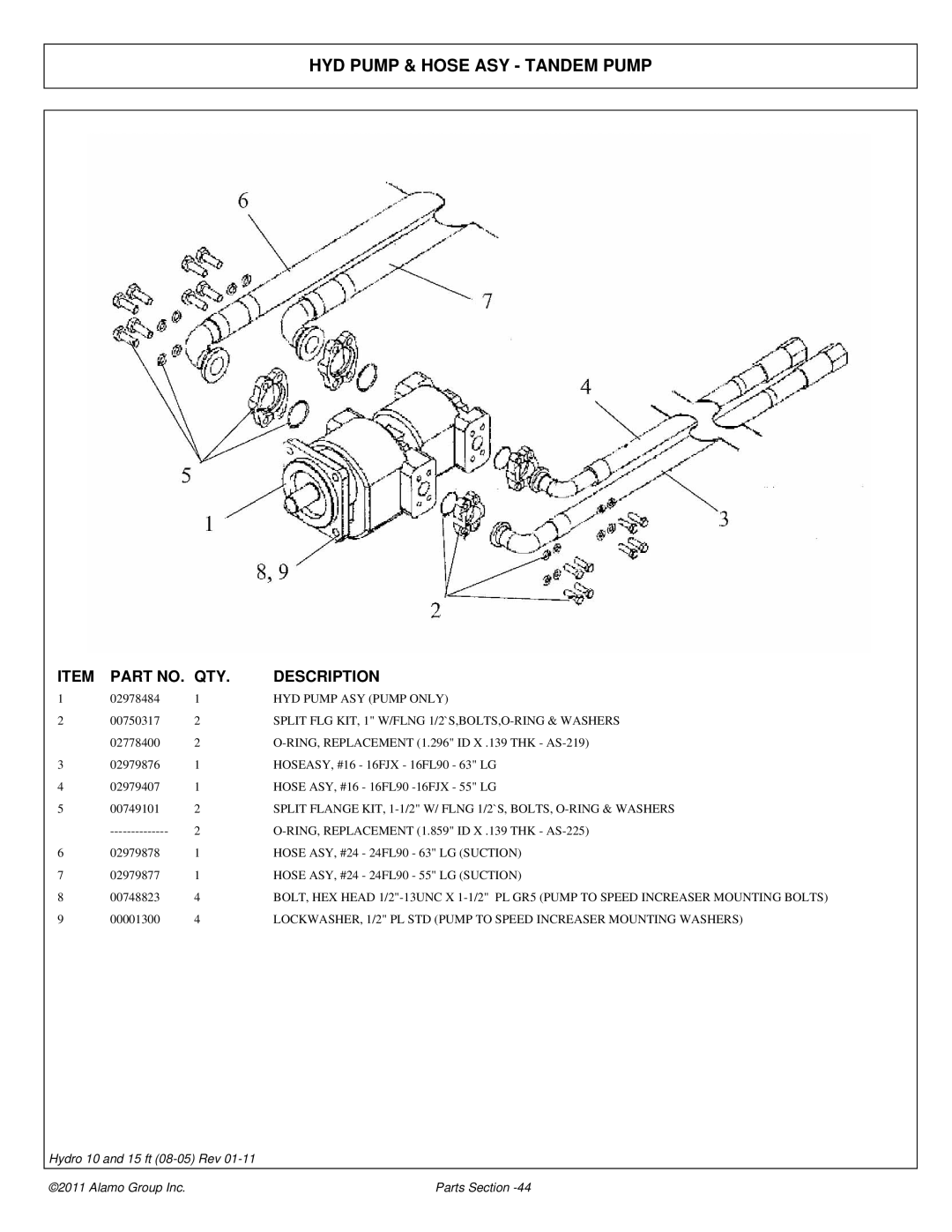 Alamo 00756179P manual HYD Pump & Hose ASY Tandem Pump, Split FLG KIT, 1 W/FLNG 1/2`S,BOLTS,O-RING & Washers 