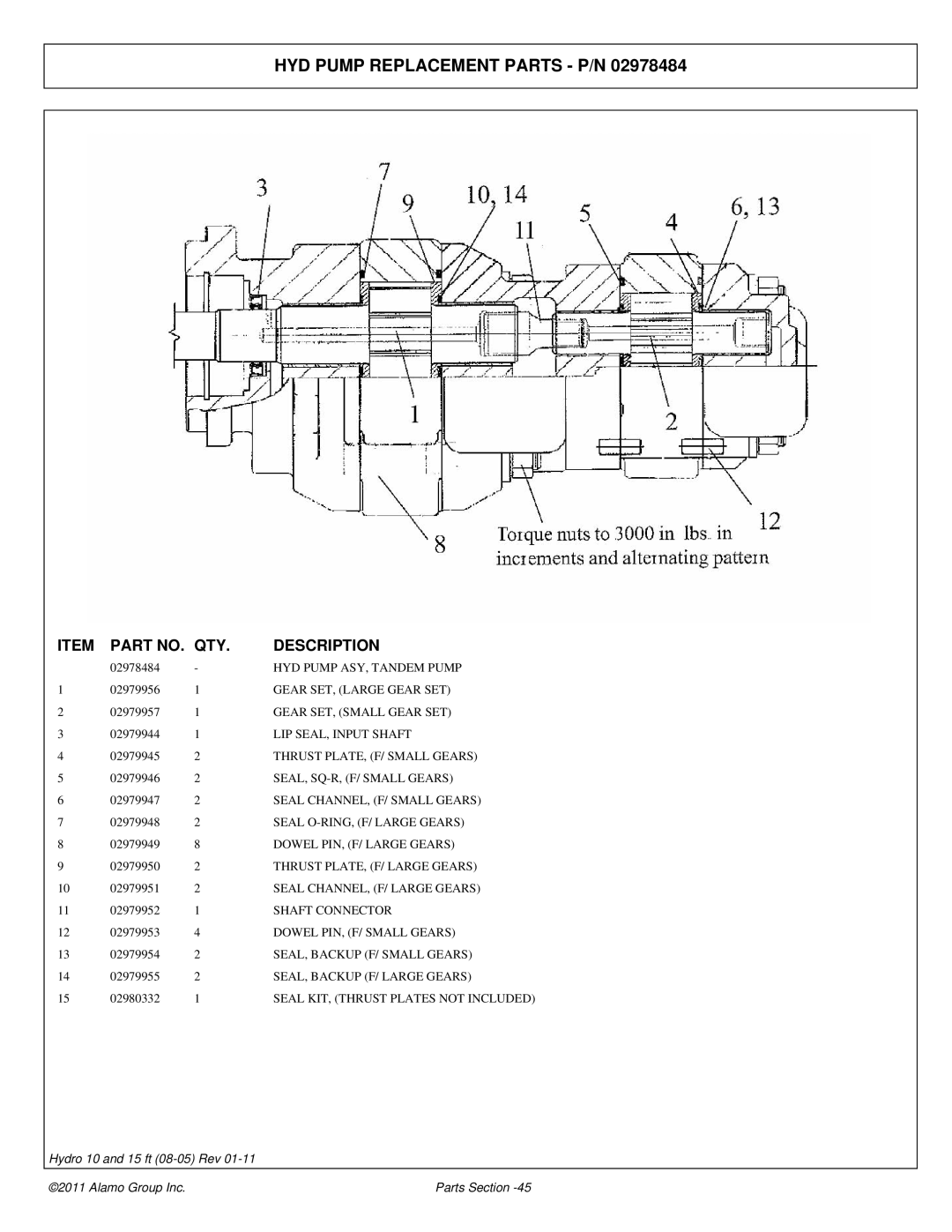 Alamo 00756179P manual HYD Pump Replacement Parts P/N 