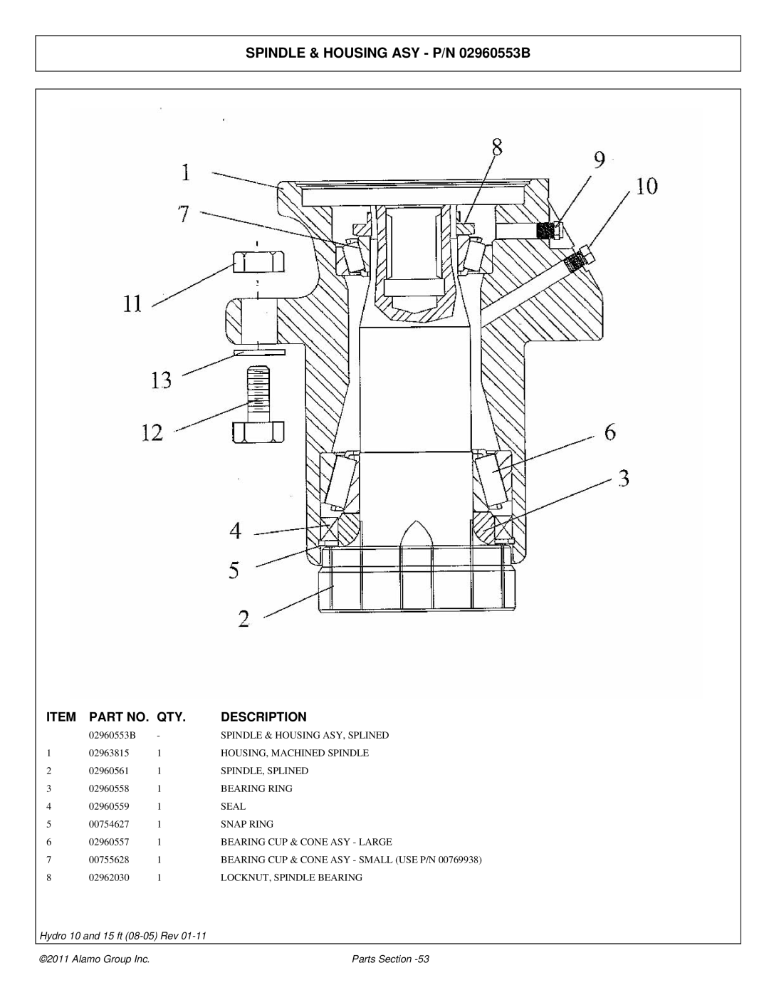 Alamo 00756179P manual Spindle & Housing ASY P/N 02960553B 