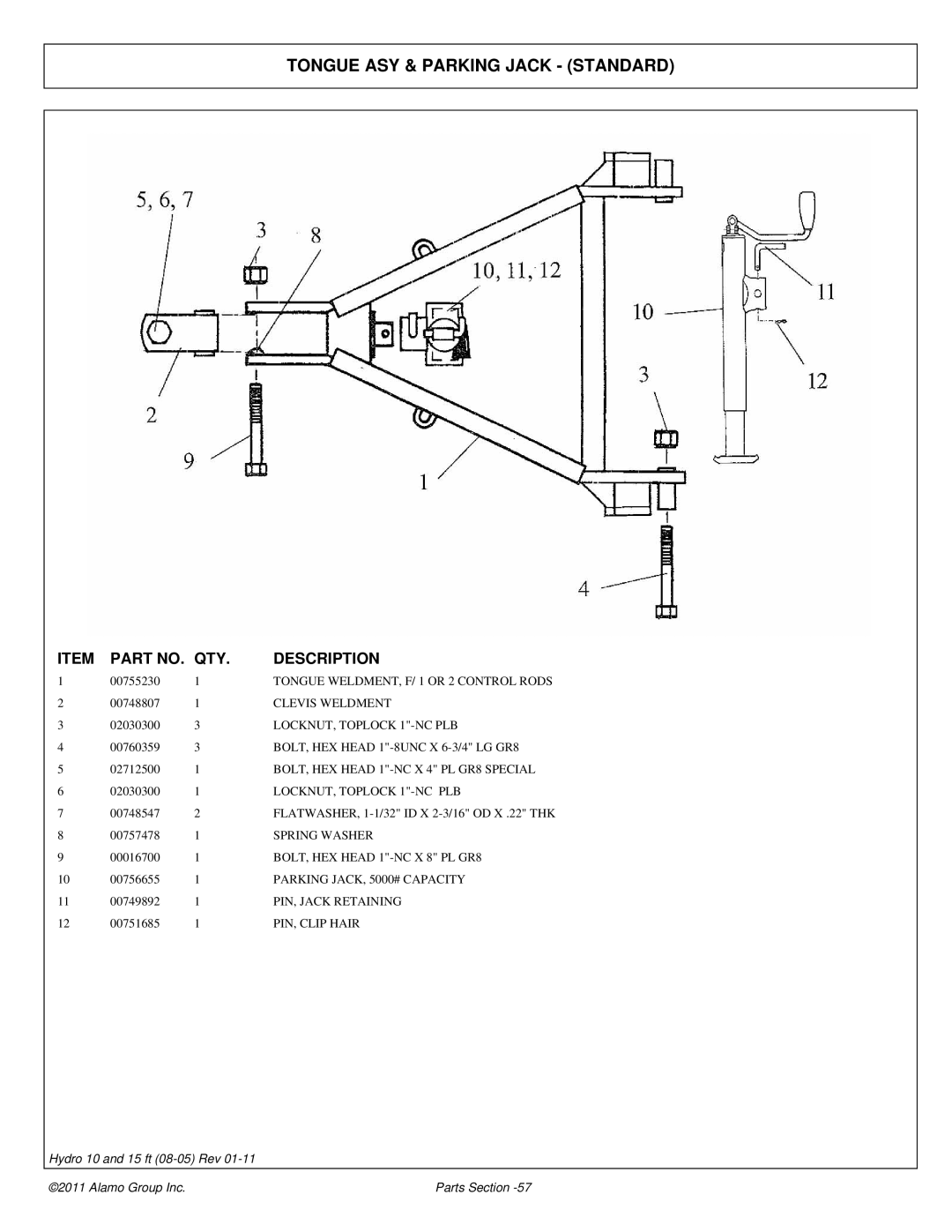 Alamo 00756179P manual Tongue ASY & Parking Jack Standard 