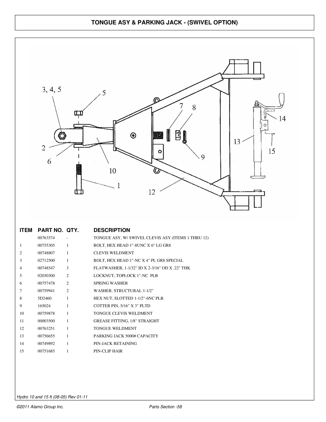 Alamo 00756179P manual Tongue ASY & Parking Jack Swivel Option 