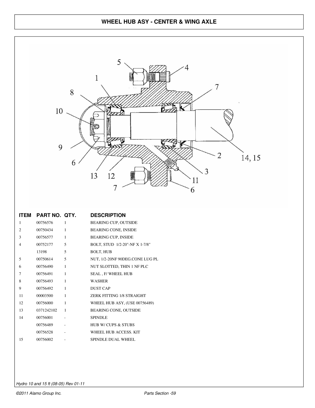 Alamo 00756179P manual Wheel HUB ASY Center & Wing Axle 