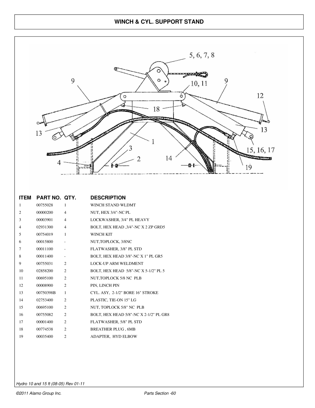 Alamo 00756179P manual Winch & CYL. Support Stand 