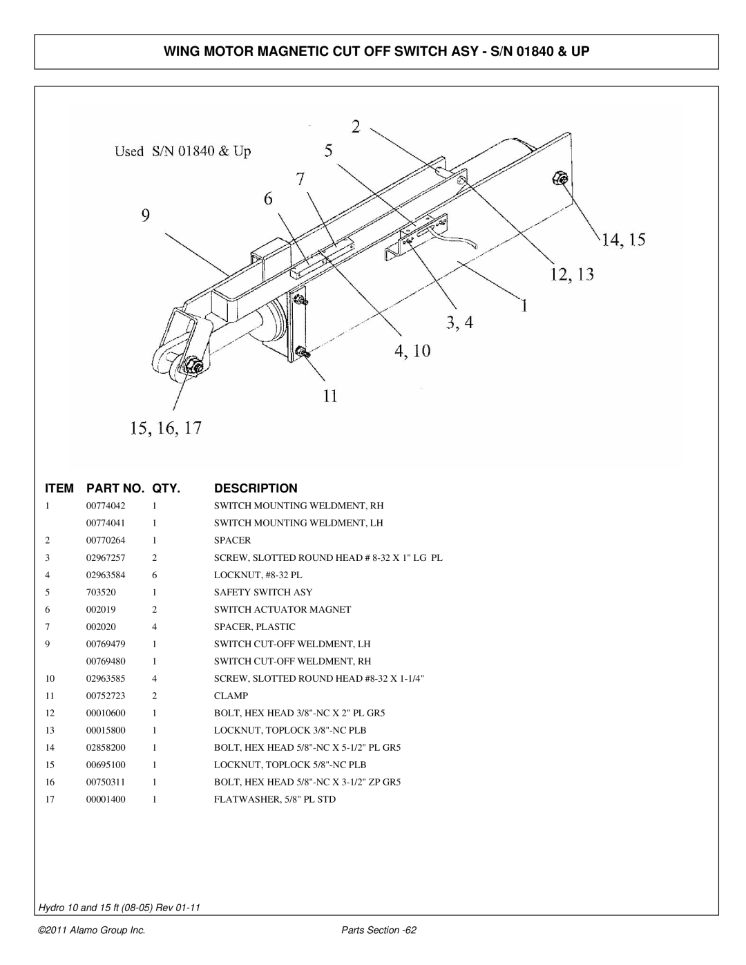 Alamo 00756179P manual Wing Motor Magnetic CUT OFF Switch ASY S/N 01840 & UP 