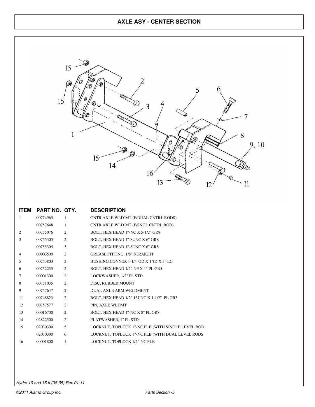 Alamo 00756179P manual Axle ASY Center Section, QTY Description 