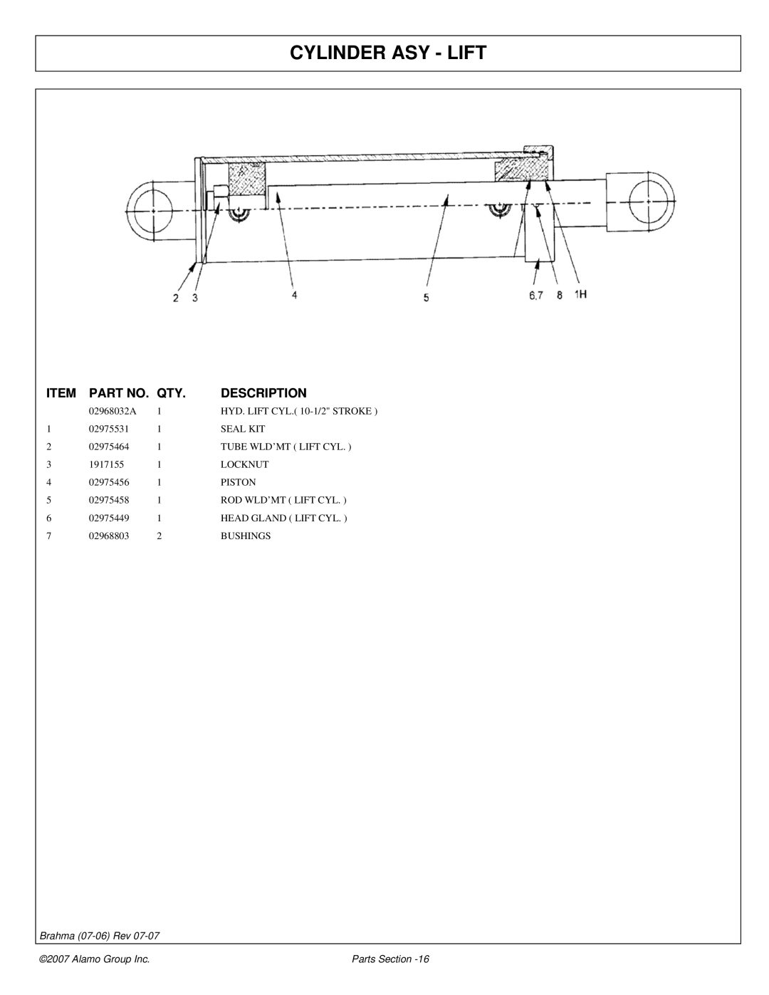 Alamo 02968822P manual Cylinder ASY Lift 