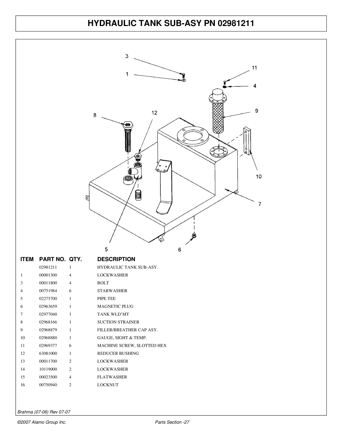 Alamo 02968822P manual Hydraulic Tank SUB-ASY PN 