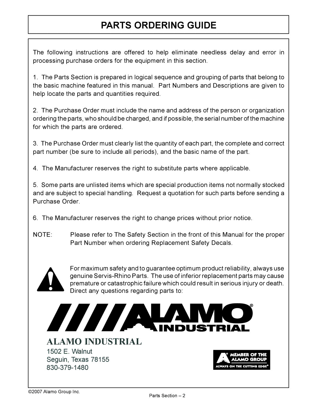 Alamo 02968822P manual Parts Ordering Guide 