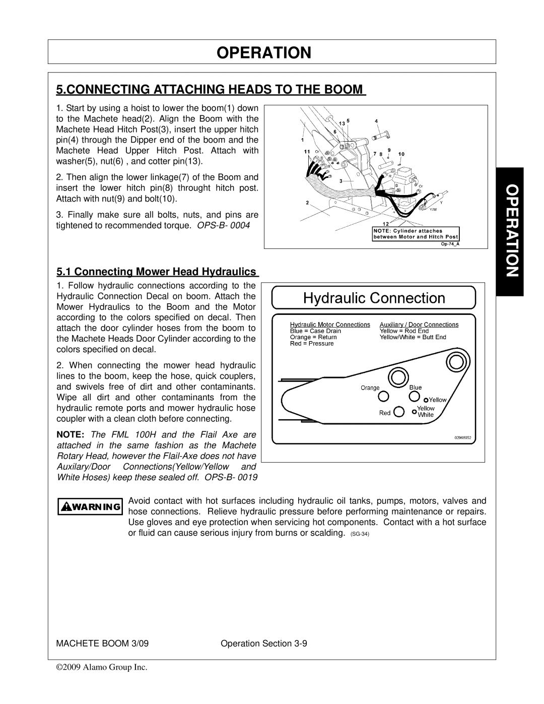 Alamo 02968915C manual Connecting Attaching Heads to the Boom, Connecting Mower Head Hydraulics 