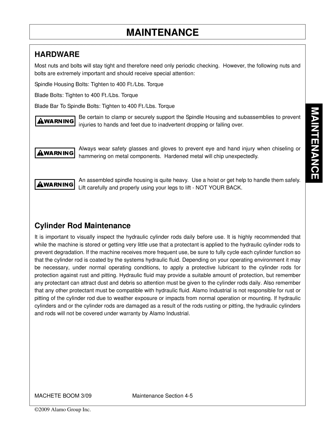 Alamo 02968915C manual Hardware, Cylinder Rod Maintenance 