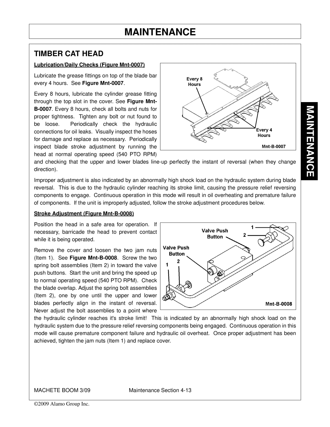 Alamo 02968915C manual Timber CAT Head, Lubrication/Daily Checks Figure Mnt-0007 