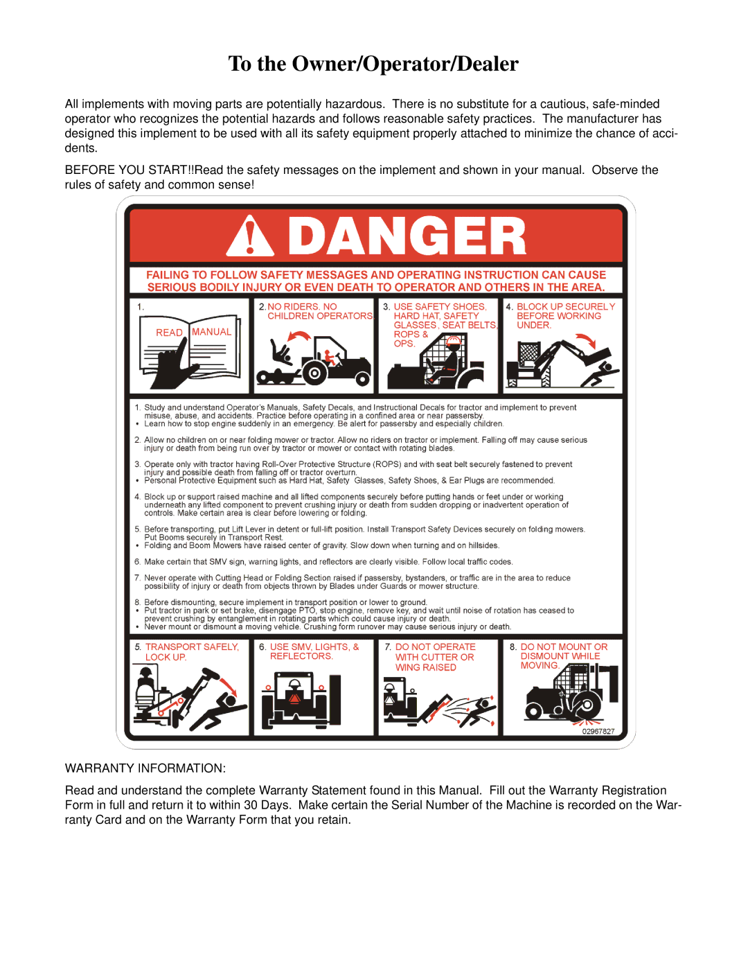 Alamo 02968915C manual To the Owner/Operator/Dealer, Warranty Information 