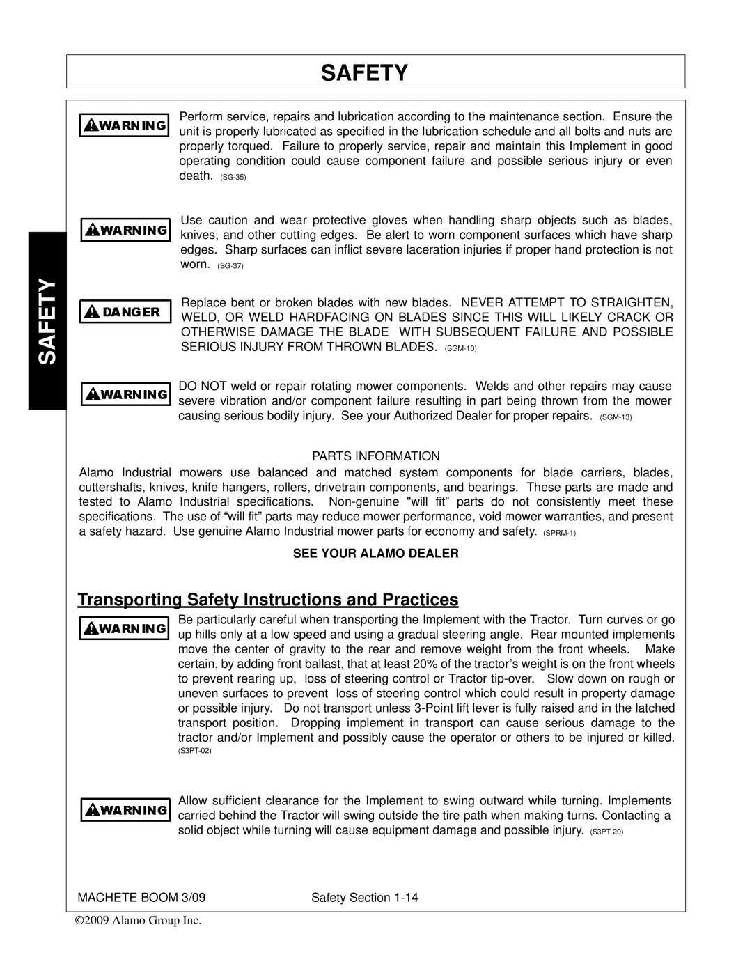 Alamo 02968915C manual Transporting Safety Instructions and Practices, Parts Information 