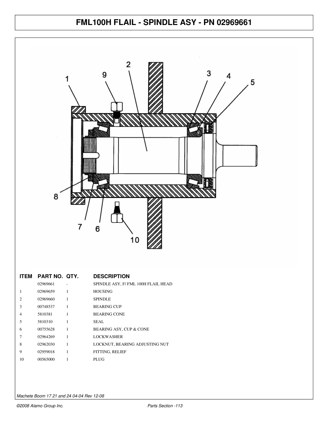 Alamo 02968915P manual FML100H Flail Spindle ASY PN 