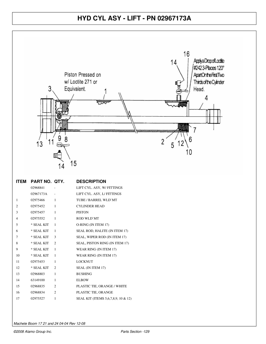 Alamo 02968915P manual HYD CYL ASY Lift PN 02967173A 