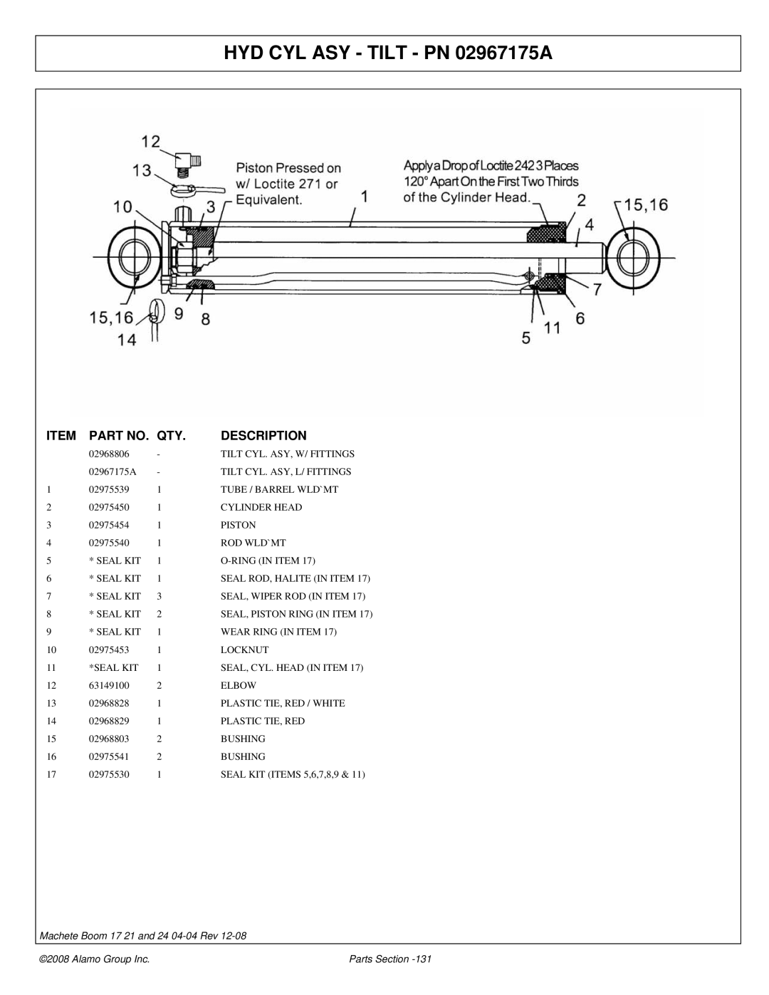 Alamo 02968915P manual HYD CYL ASY Tilt PN 02967175A 