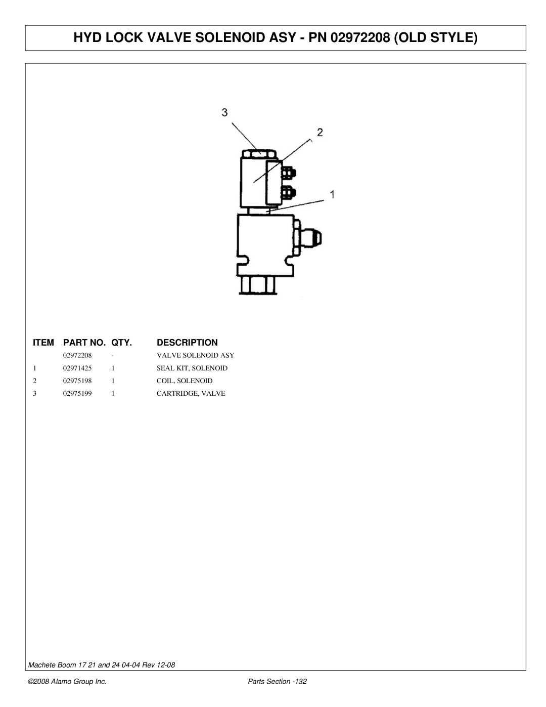 Alamo 02968915P manual HYD Lock Valve Solenoid ASY PN 02972208 OLD Style 