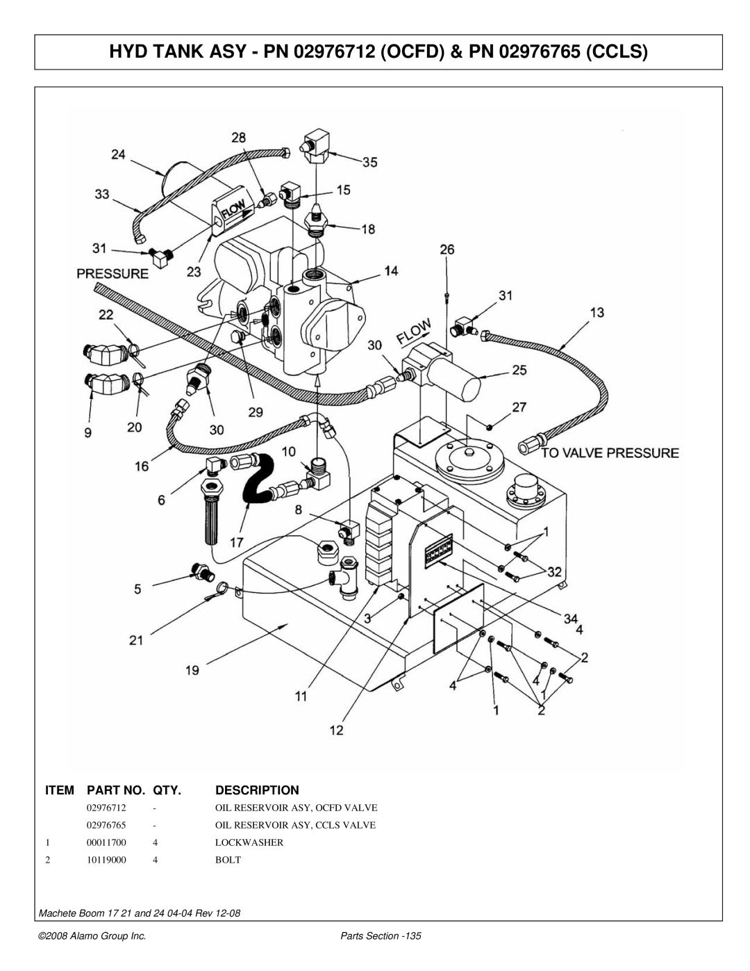 Alamo 02968915P manual HYD Tank ASY PN 02976712 Ocfd & PN 02976765 Ccls 