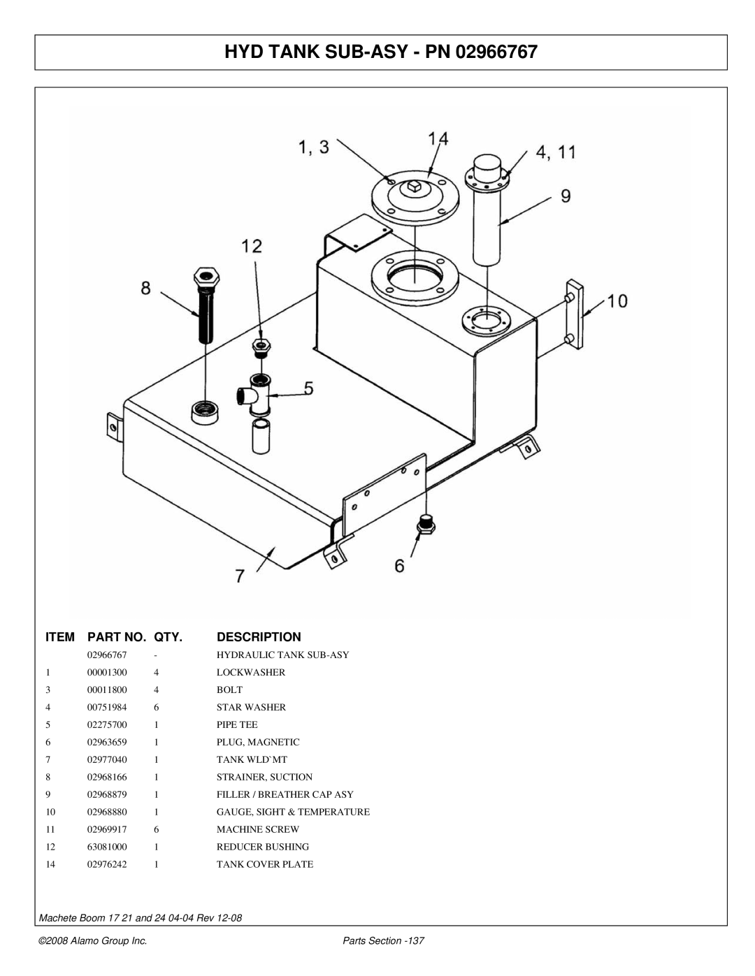 Alamo 02968915P manual HYD Tank SUB-ASY PN 