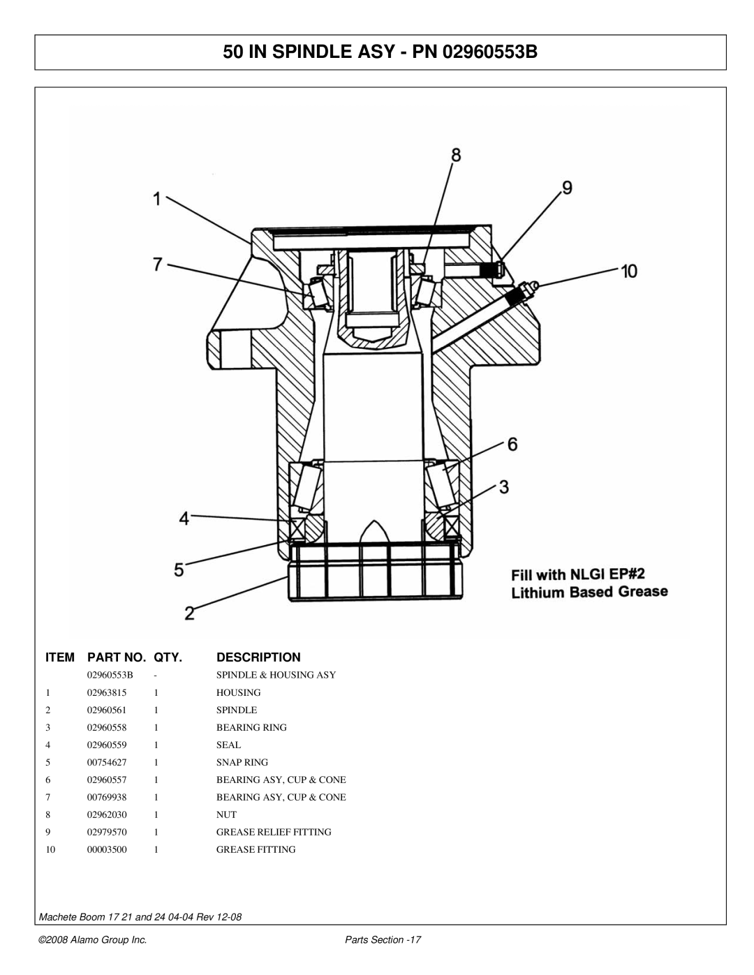 Alamo 02968915P manual Spindle ASY PN 02960553B 