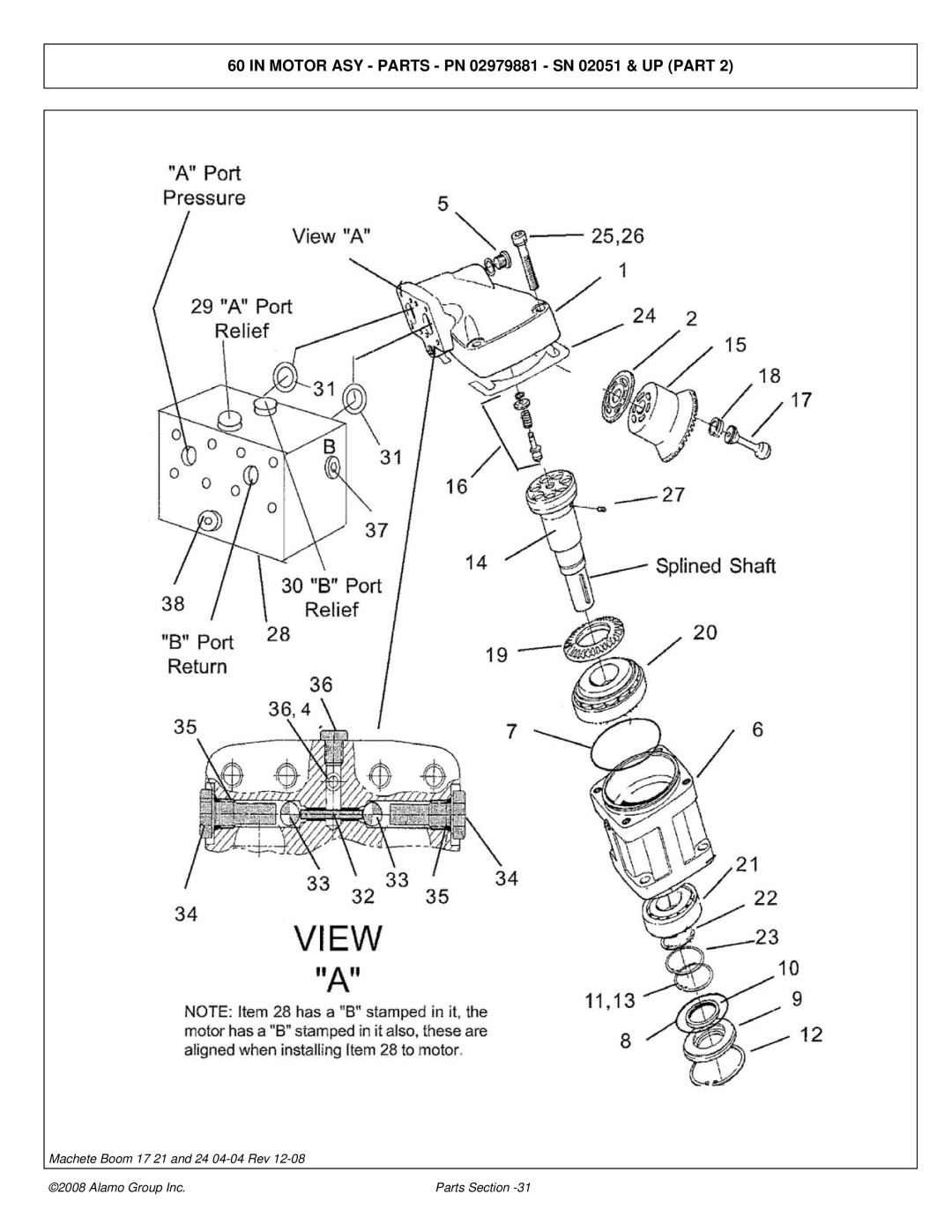 Alamo 02968915P manual Motor ASY Parts PN 02979881 SN 02051 & UP Part 