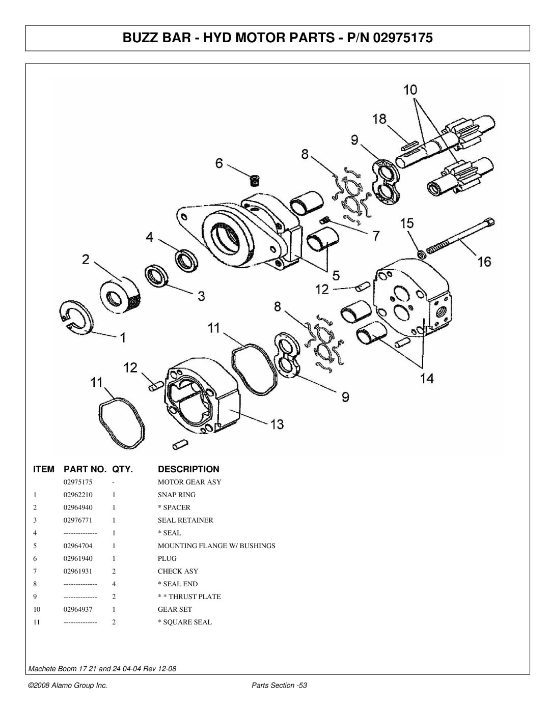 Alamo 02968915P manual Buzz BAR HYD Motor Parts P/N 