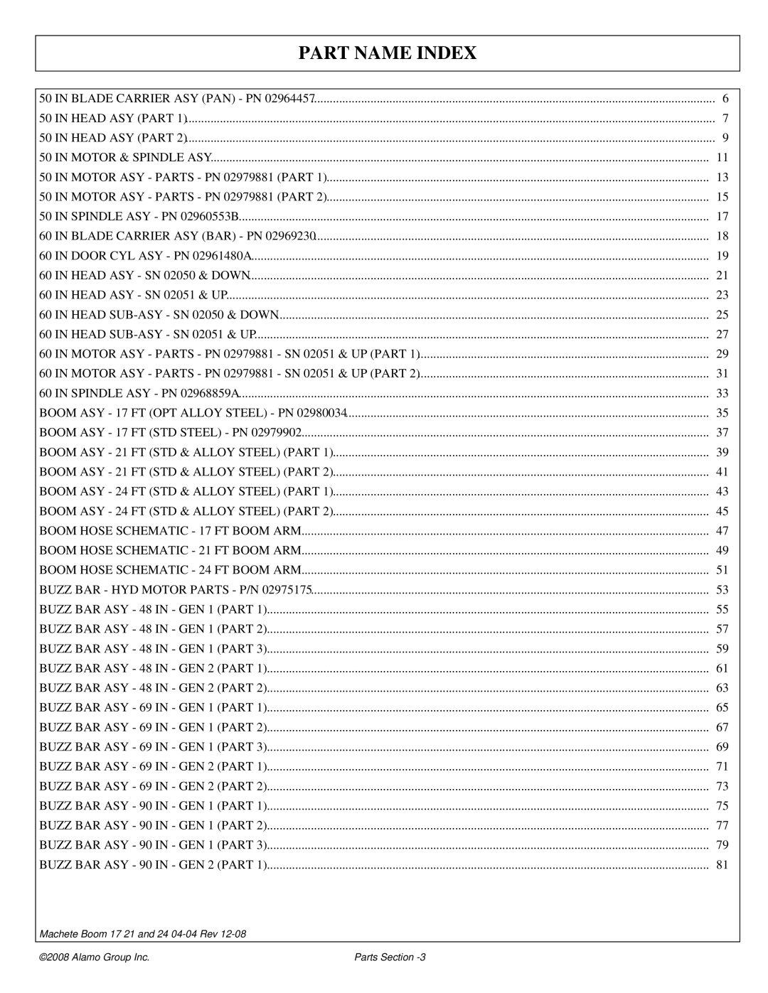 Alamo 02968915P manual Part Name Index 