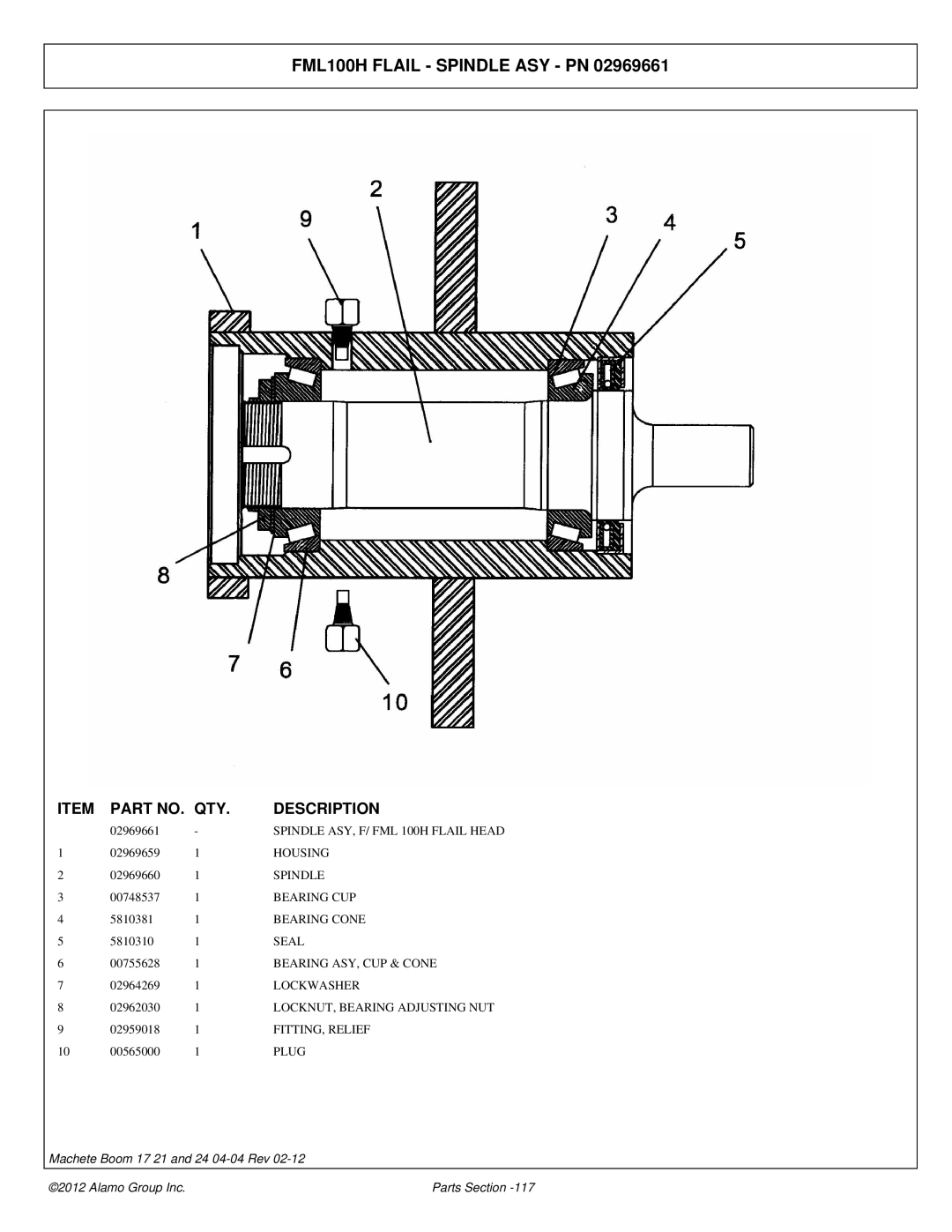 Alamo 02968915P manual FML100H Flail Spindle ASY PN 