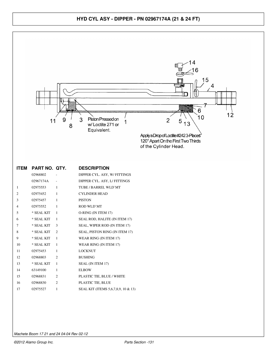 Alamo 02968915P manual HYD CYL ASY Dipper PN 02967174A 21 & 24 FT 