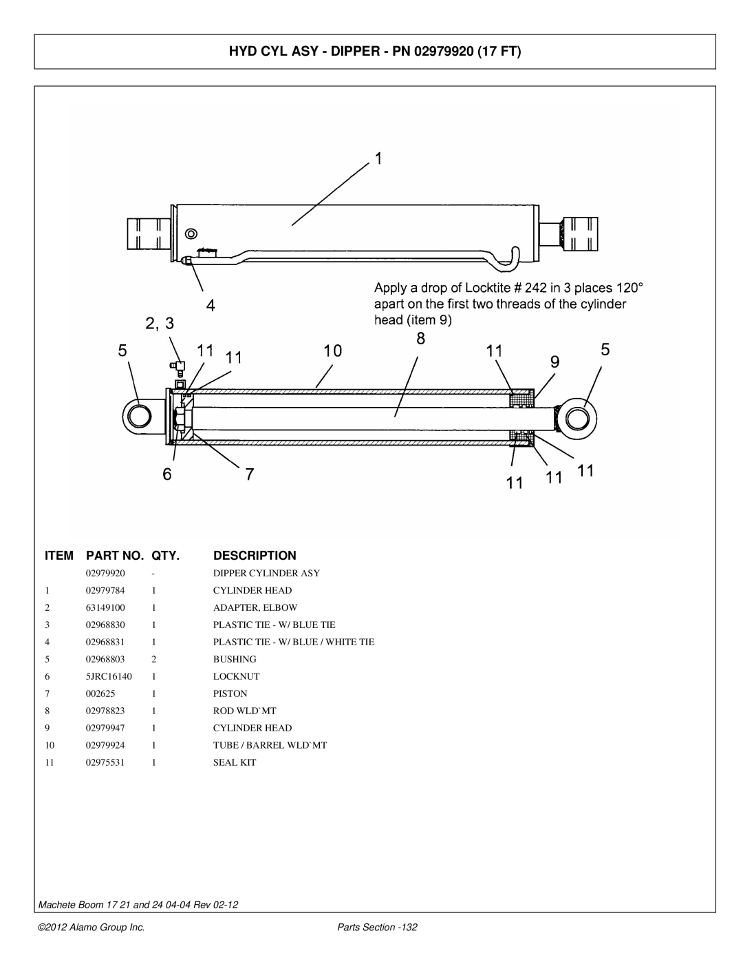 Alamo 02968915P manual HYD CYL ASY Dipper PN 02979920 17 FT 