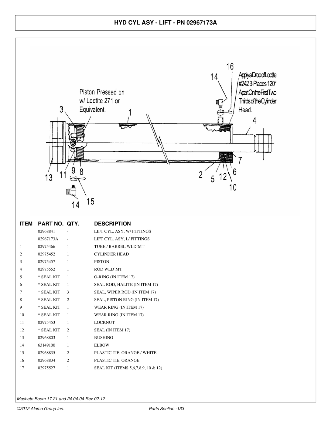 Alamo 02968915P manual HYD CYL ASY Lift PN 02967173A 