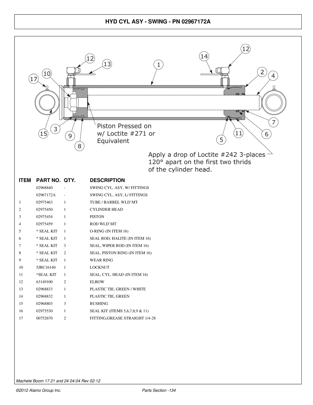 Alamo 02968915P manual HYD CYL ASY Swing PN 02967172A 