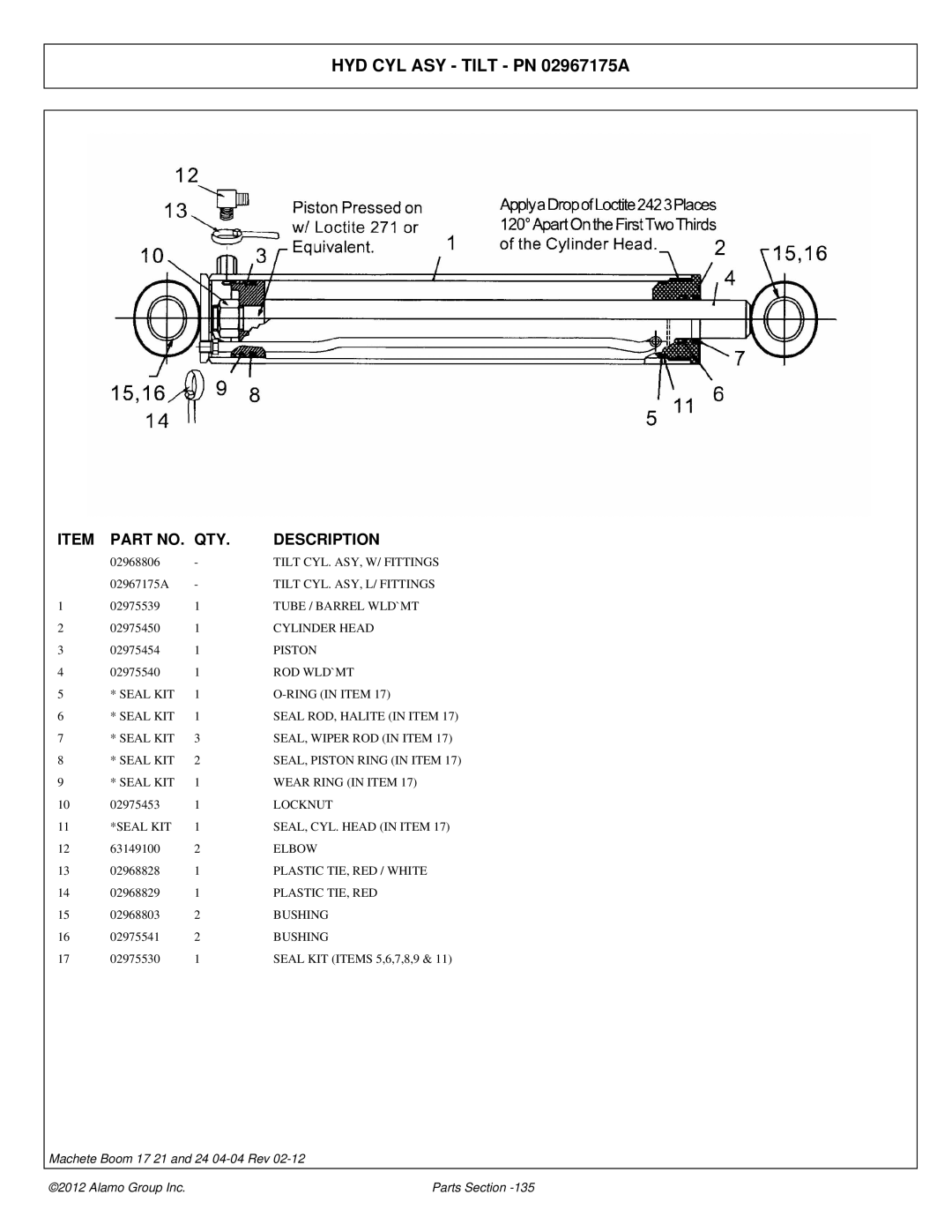 Alamo 02968915P manual HYD CYL ASY Tilt PN 02967175A 