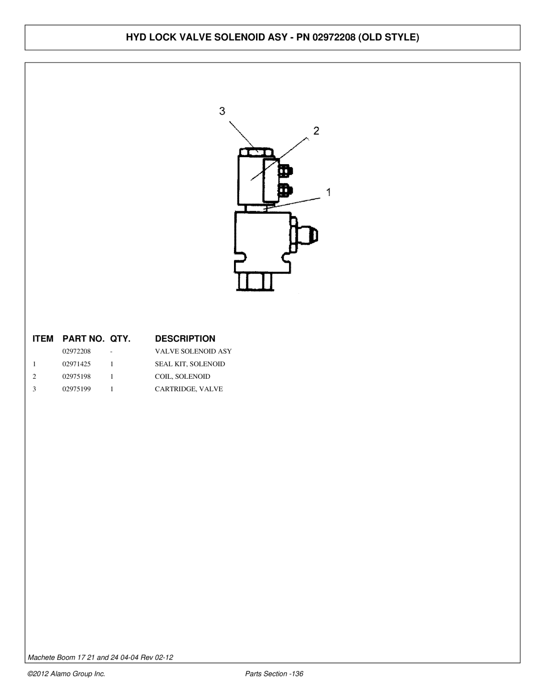 Alamo 02968915P manual HYD Lock Valve Solenoid ASY PN 02972208 OLD Style 