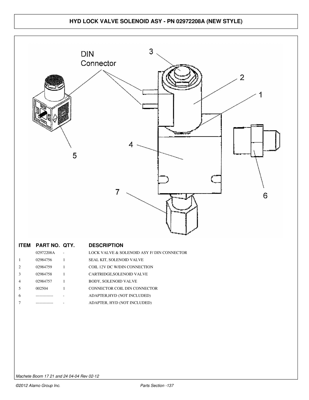 Alamo 02968915P manual HYD Lock Valve Solenoid ASY PN 02972208A NEW Style 