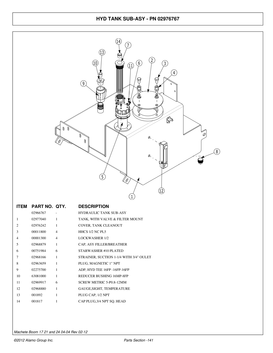 Alamo 02968915P manual HYD Tank SUB-ASY PN 