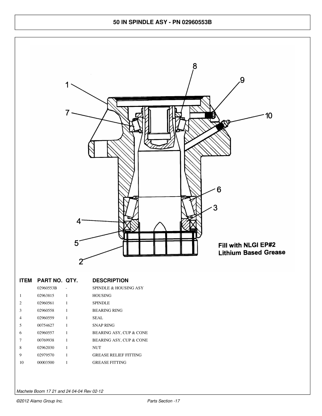 Alamo 02968915P manual Spindle ASY PN 02960553B 