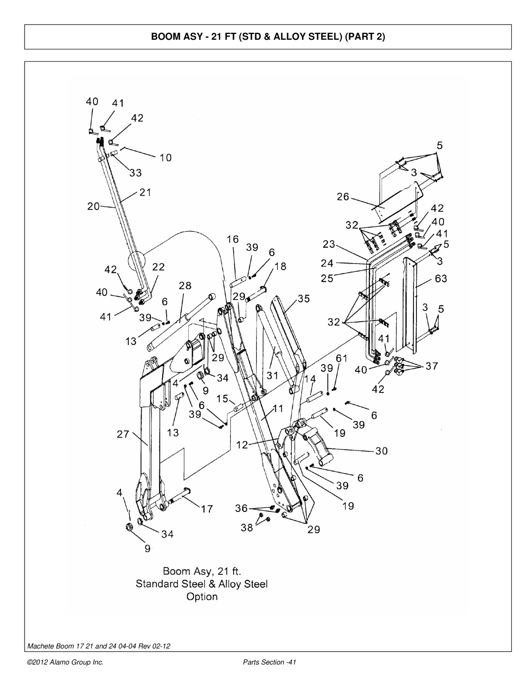 Alamo 02968915P manual Boom ASY 21 FT STD & Alloy Steel Part 