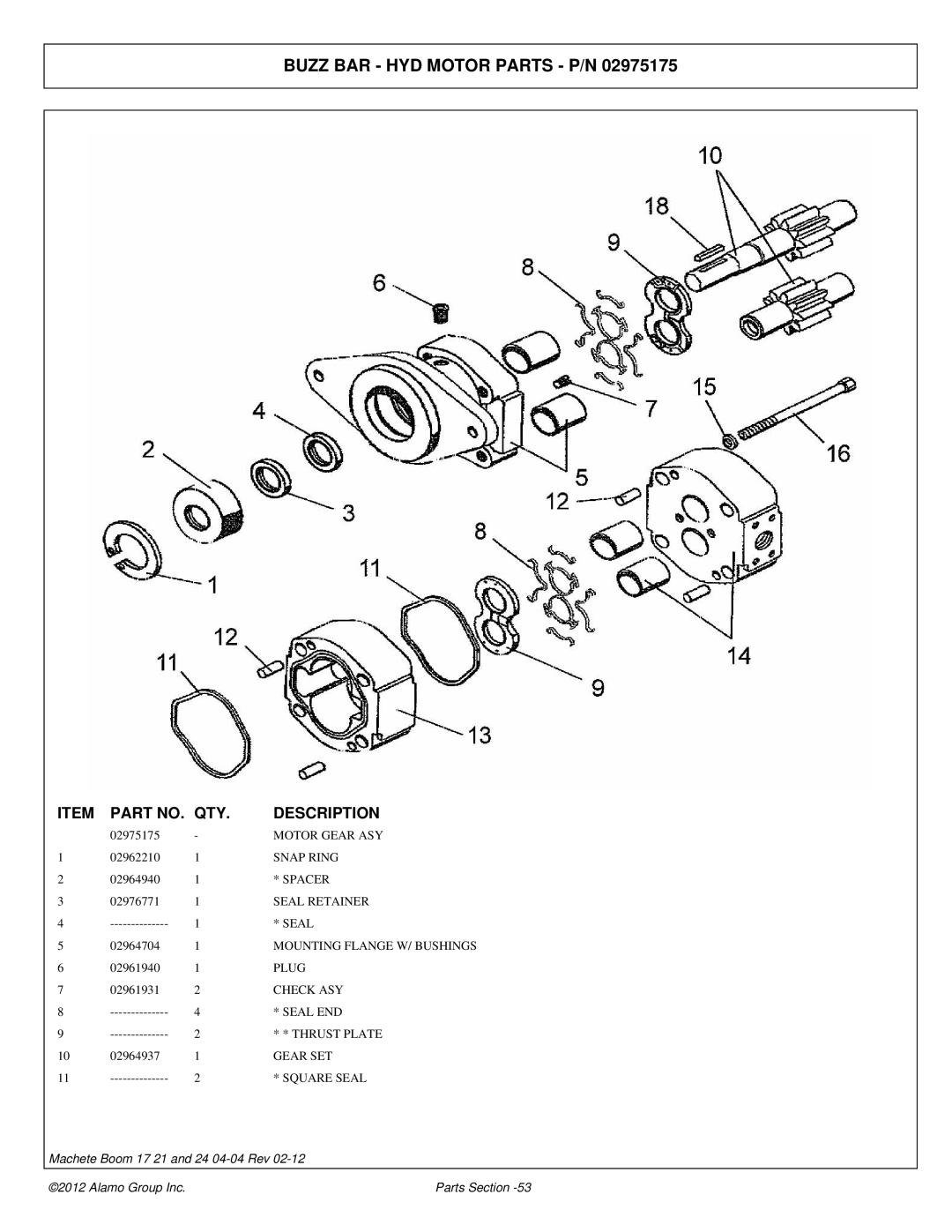 Alamo 02968915P manual Buzz BAR HYD Motor Parts P/N 