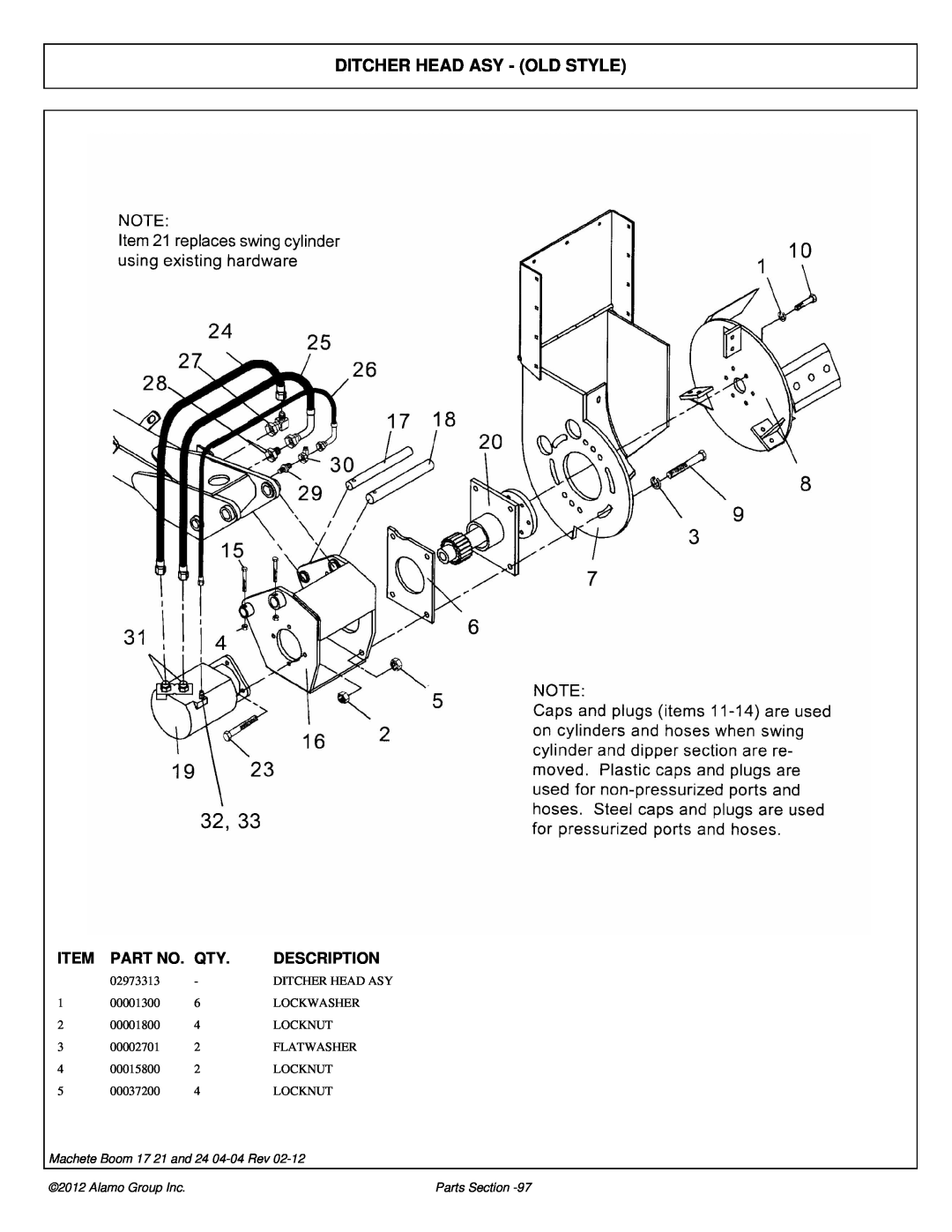 Alamo 02968915P manual Ditcher Head Asy - Old Style, Item, Part No, Description, Machete Boom 17 21 and 24 04-04Rev 