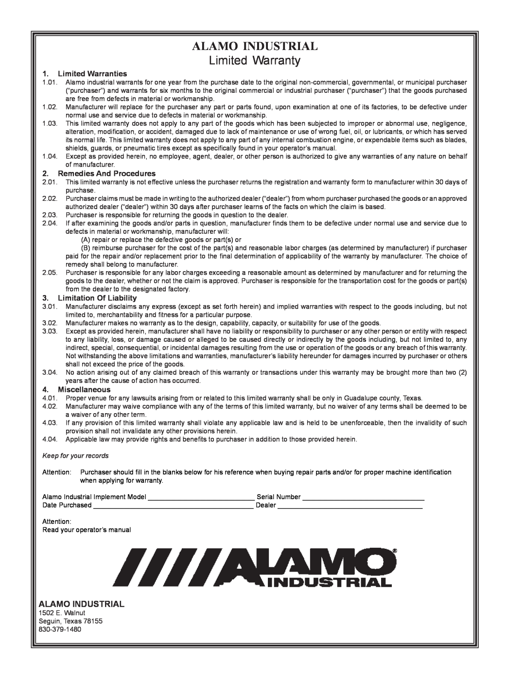 Alamo 02968915P Alamo Industrial, Limited Warranty, Limited Warranties, Remedies And Procedures, Limitation Of Liability 