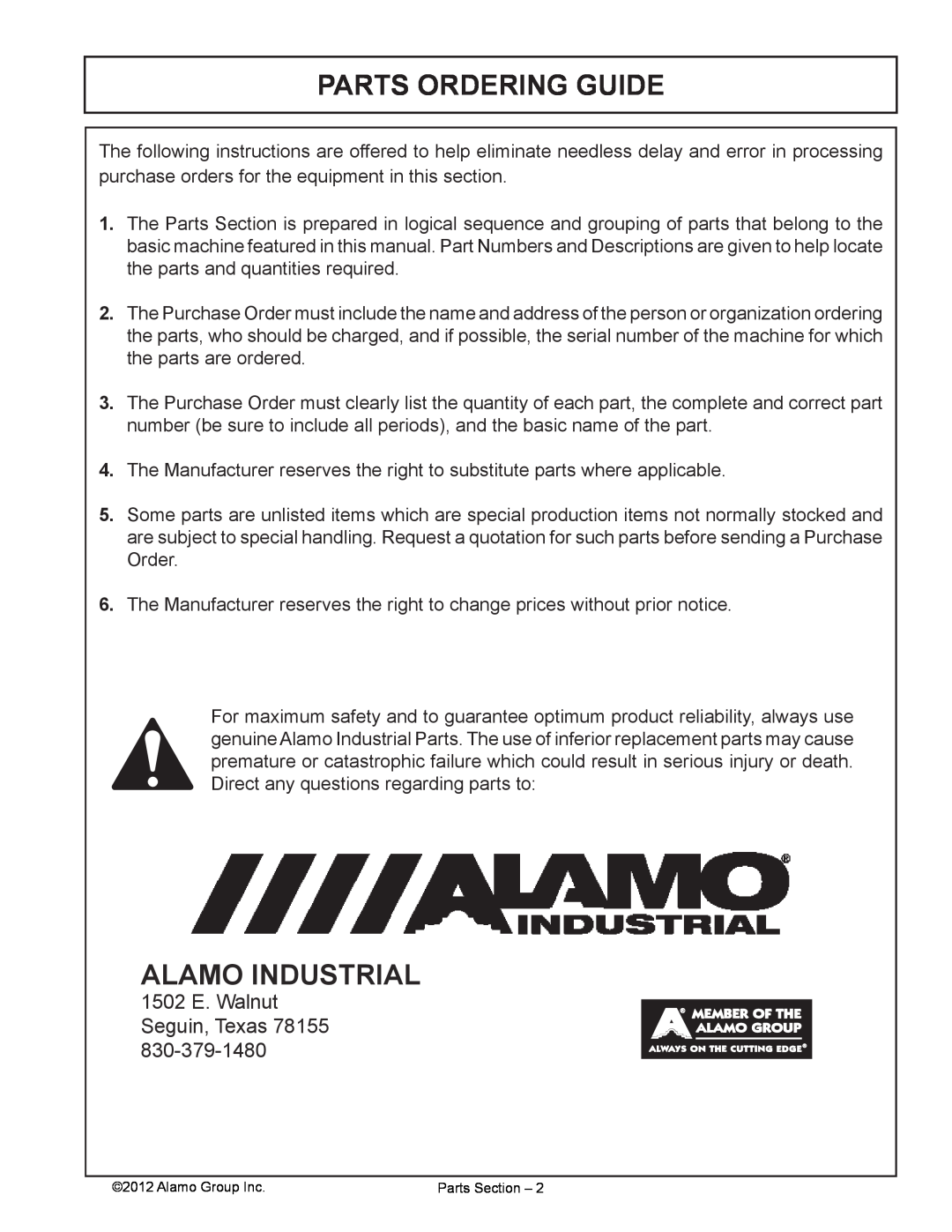 Alamo 02968915P manual Parts Ordering Guide, Alamo Industrial, 1502 E. Walnut Seguin, Texas 78155 