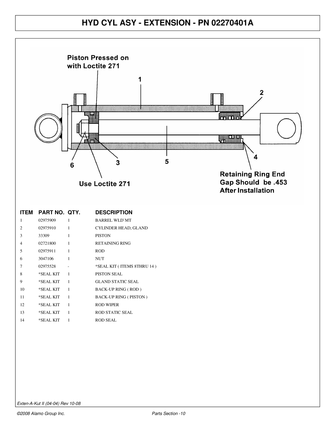 Alamo 02969111P manual HYD CYL ASY Extension PN 02270401A 