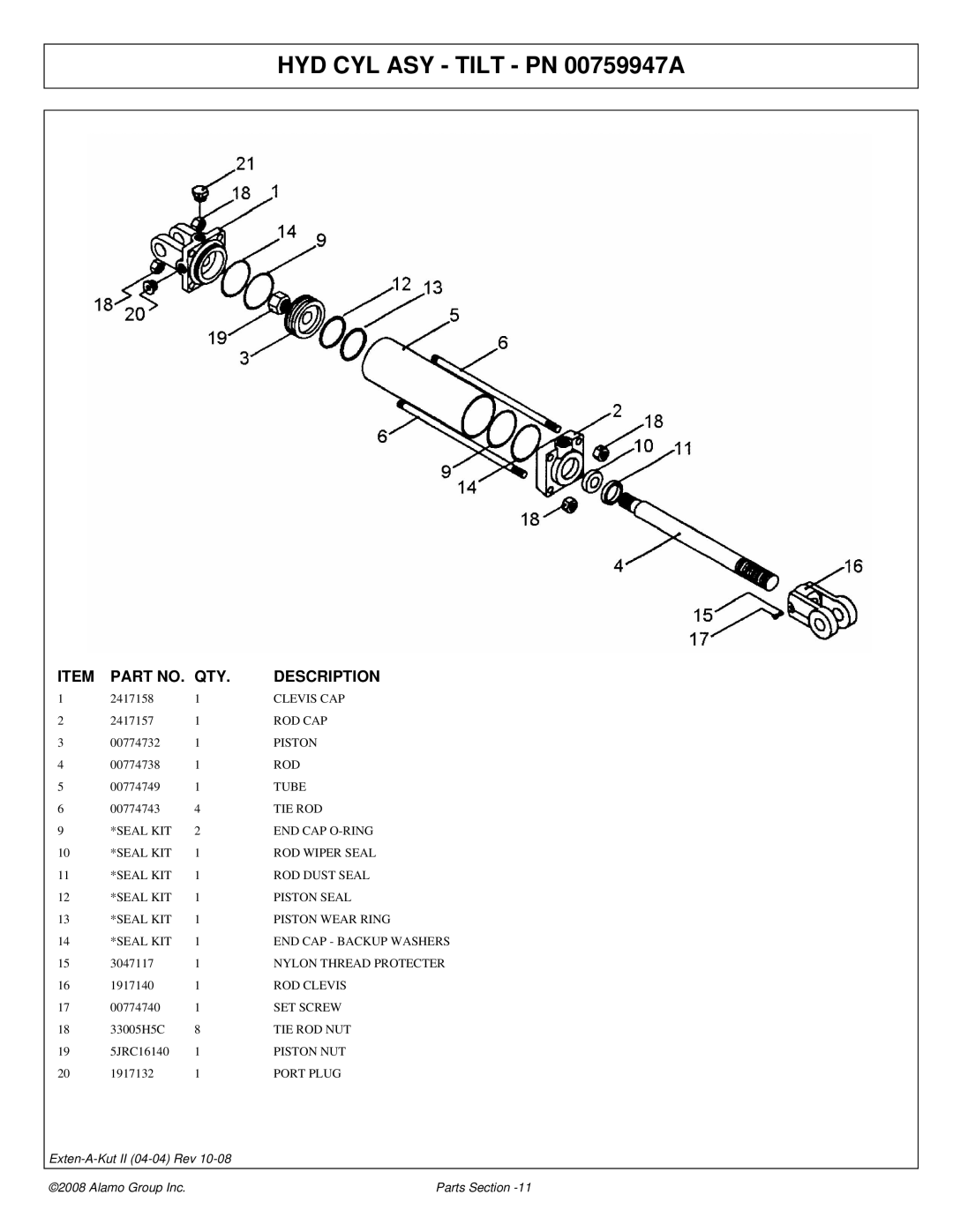 Alamo 02969111P manual HYD CYL ASY Tilt PN 00759947A 