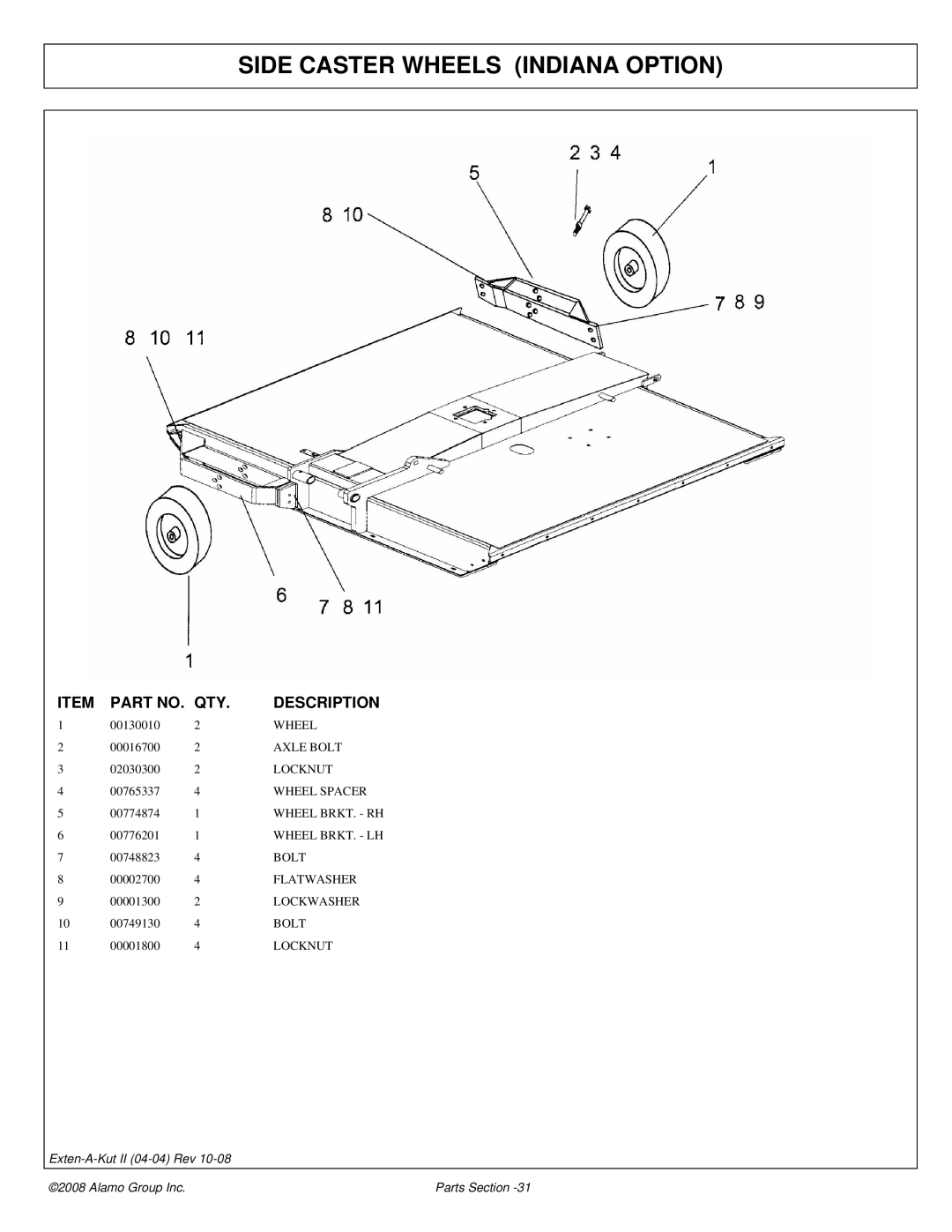 Alamo 02969111P manual Side Caster Wheels Indiana Option 