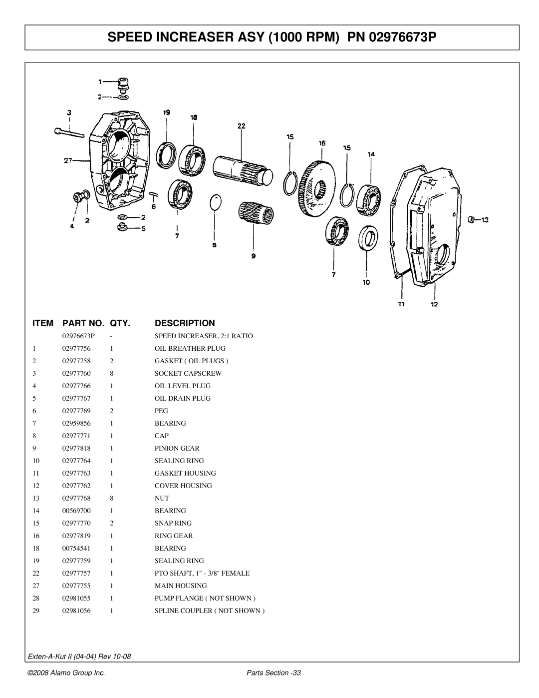 Alamo 02969111P manual Speed Increaser ASY 1000 RPM PN 02976673P 